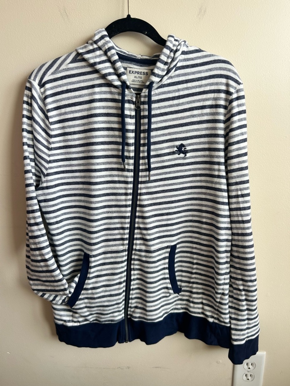Express Men's Navy and White Striped Zip-Up Hoodie
